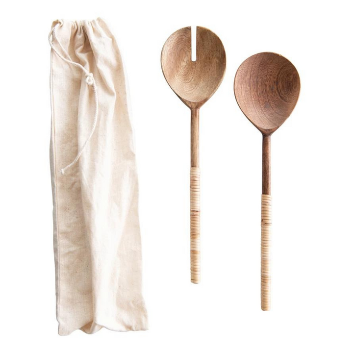 Wood Salad Servers with Bamboo Wrapped Handles, Set of 2